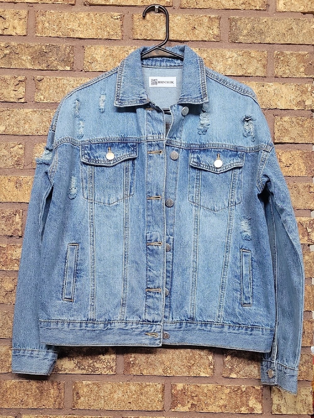 Hipchik Trucker Denim Jacket Y2K Boho Size Large USA Rhinestone Buddah Cotton